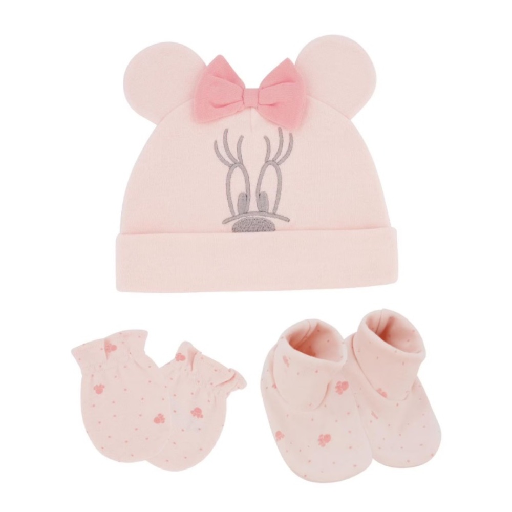 🍊5/$25 Disney Pink and Gray Character Hat Mits and Booties Set size 0-6m